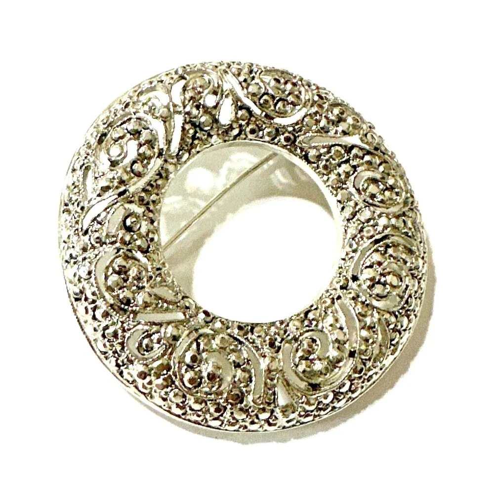 Vintage Liz Claiborne First Issue Filigree Brooch Faux Marcasite Silver Tone Pin